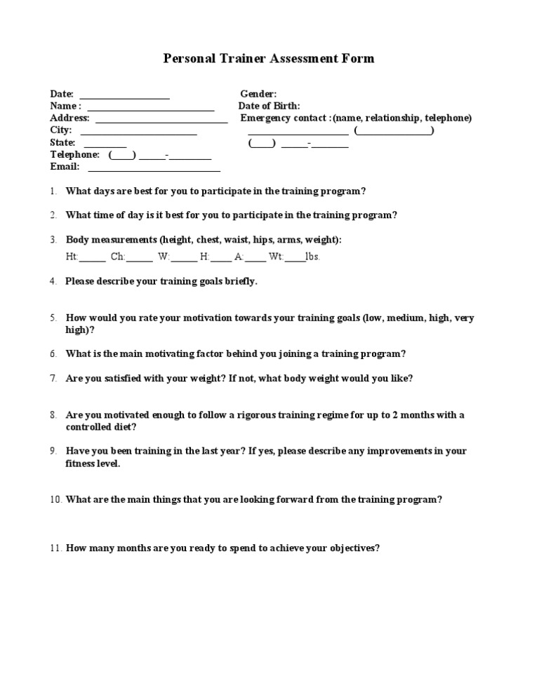 Personal Trainer Assessment Form | PDF | Psychological Concepts ...