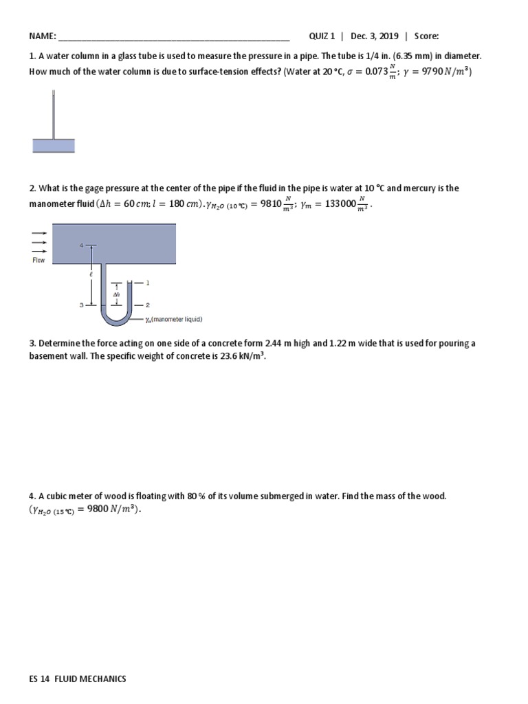 Fluid Mechanics Quiz 1 | PDF