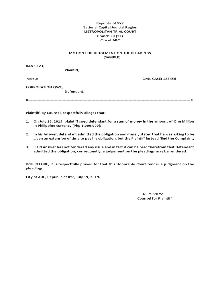Judgment On The Pleadings (Sample) PDF Pleading Lawsuit