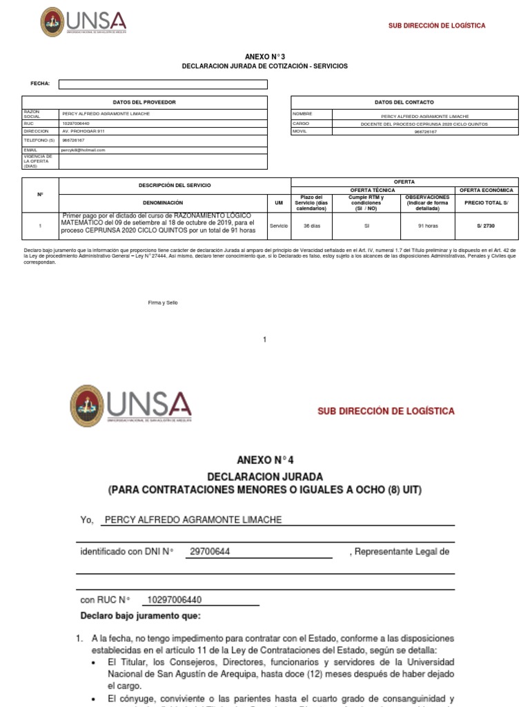 Declaración Jurada de Cotización Servicios | PDF | Instituciones ...