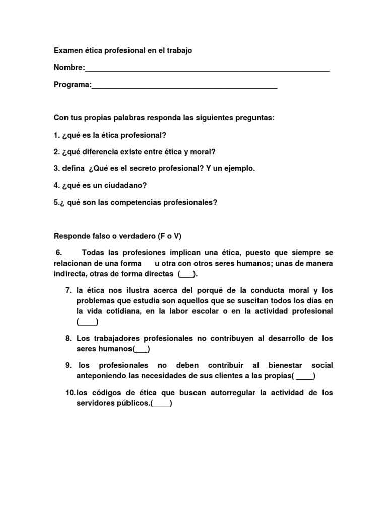 Examen de Ética Profesional | PDF | Crecimiento personal y profesional