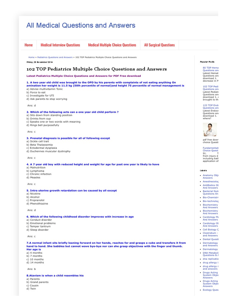 102 TOP Pediatrics Multiple Choice Questions and Answers All Medical