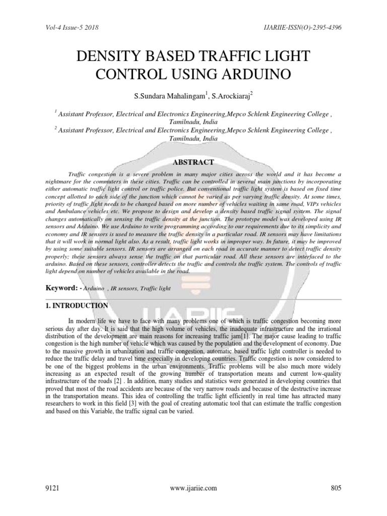 DENSITY BASED TRAFFIC LIGHT CONTROL USING ARDUINO Ijariie9121 PDF | PDF ...