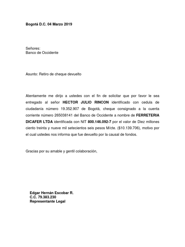 Carta Recoger Cheques Devueltos Pdf