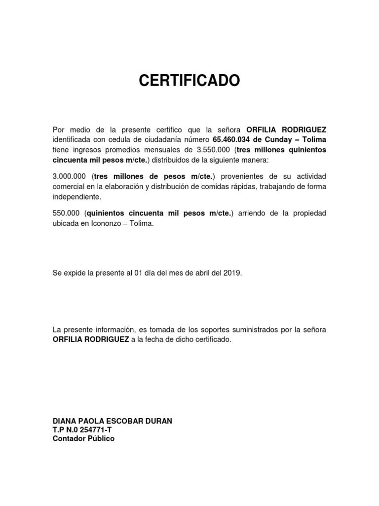 Certificado de Ingresos | PDF