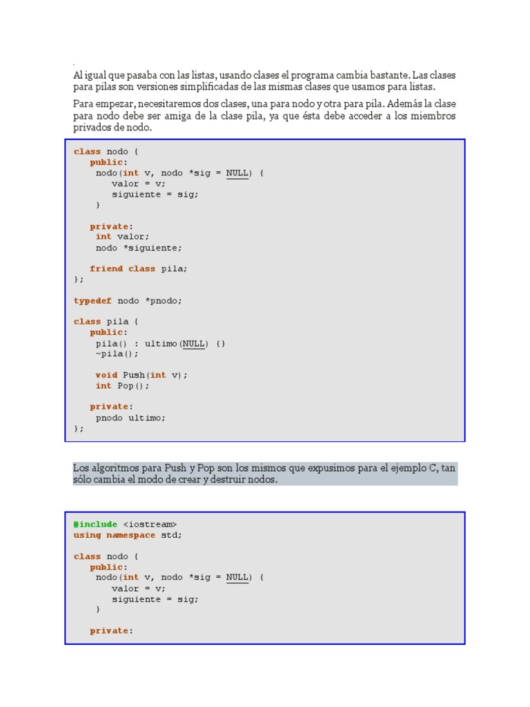 Implementación de Pilas en C++ con Clases y Plantillas | PDF | Métodos ...