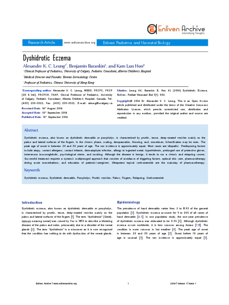 Dyshidrotic Eczema PDF PDF Dermatitis Allergy