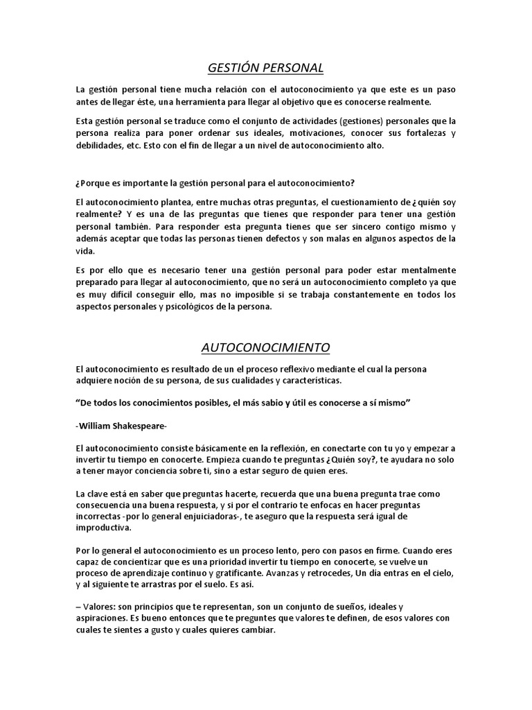 Autoconocimiento y Gestión Personal | PDF | Liderazgo | Conocimiento