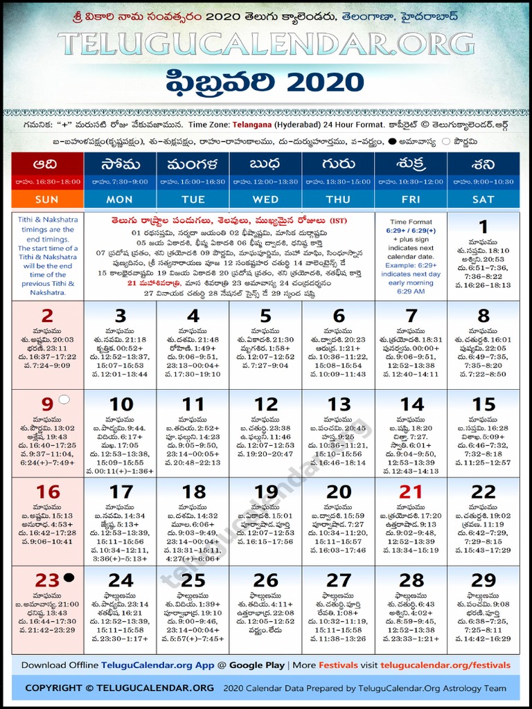 Telangana Telugu Calendar 2020 February | PDF