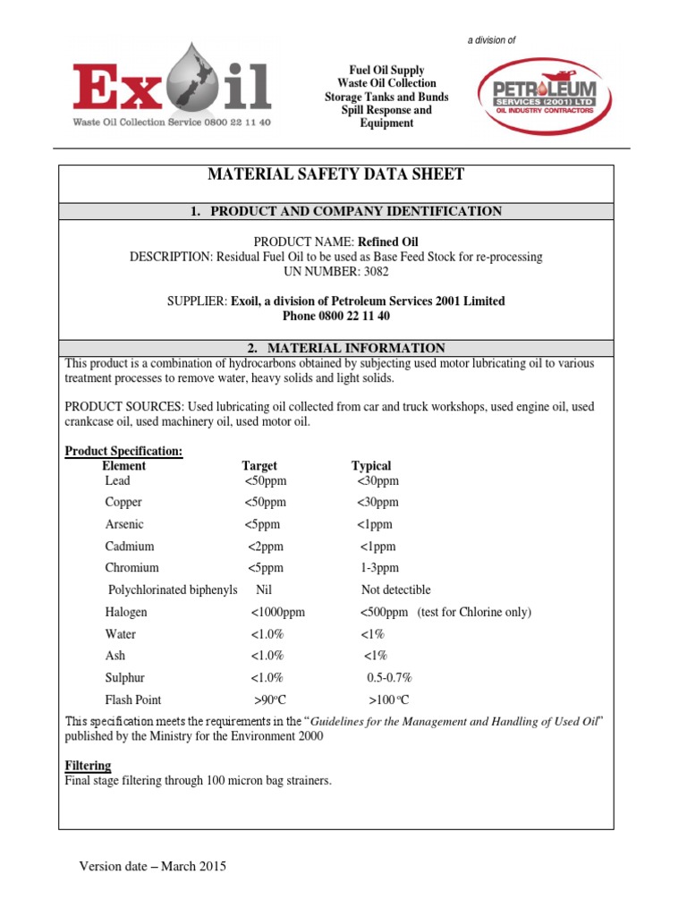 MATERIAL SAFETY DATA SHEET Refined Oil PDF PDF Dangerous Goods