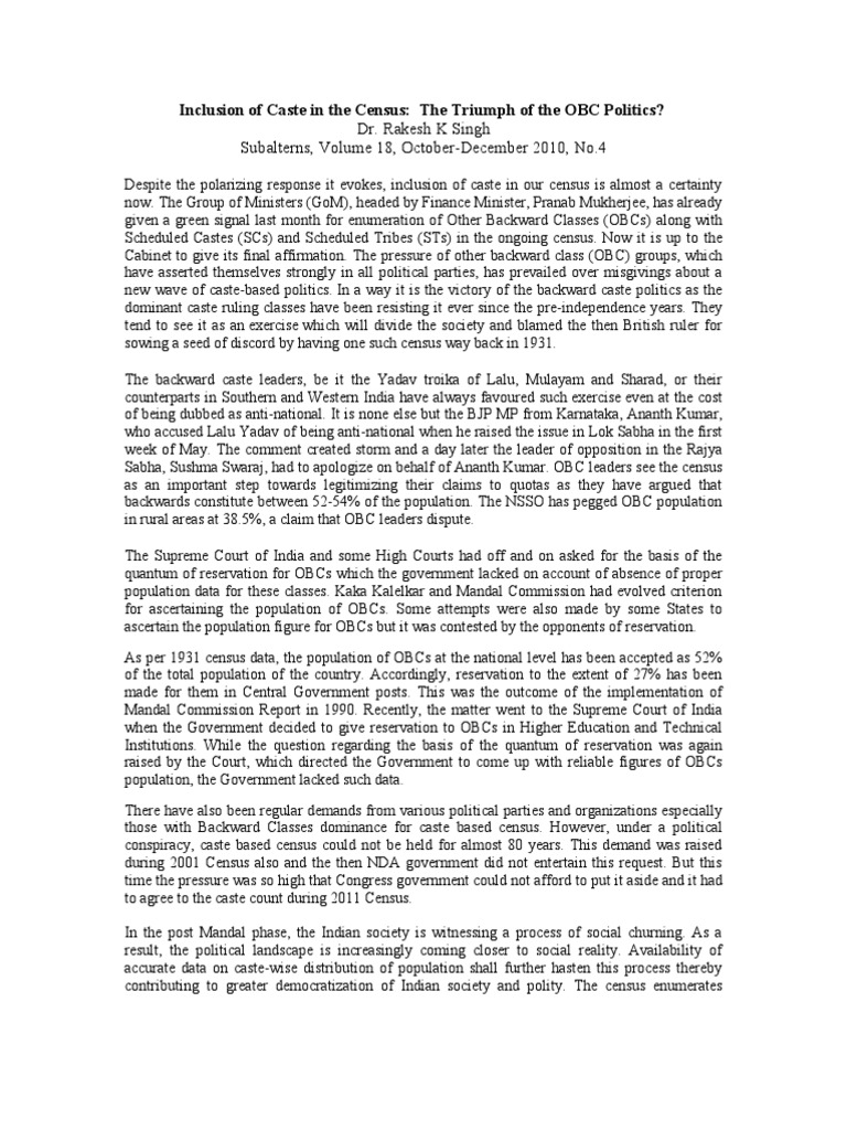 Caste Census: OBC Politics Unveiled | PDF | Government Of India ...
