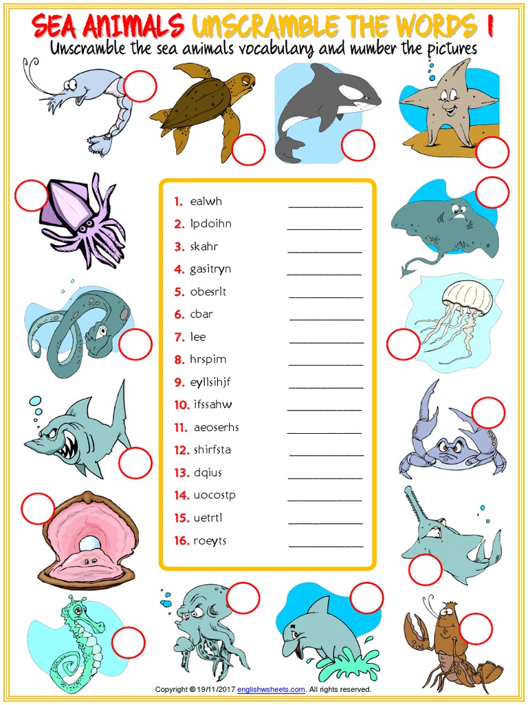 sea animals vocabulary esl unscramble the words worksheets for kids pdf organisms nature
