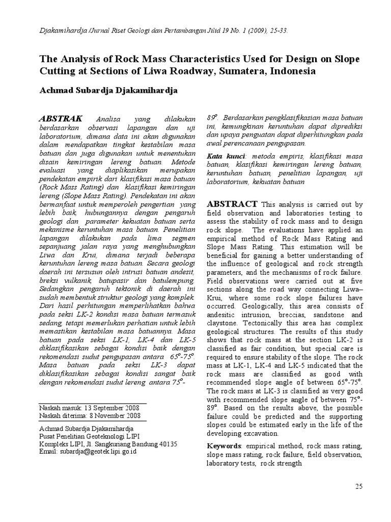 The Analysis of Rock Mass Characteristics Used For Design On Slope ...