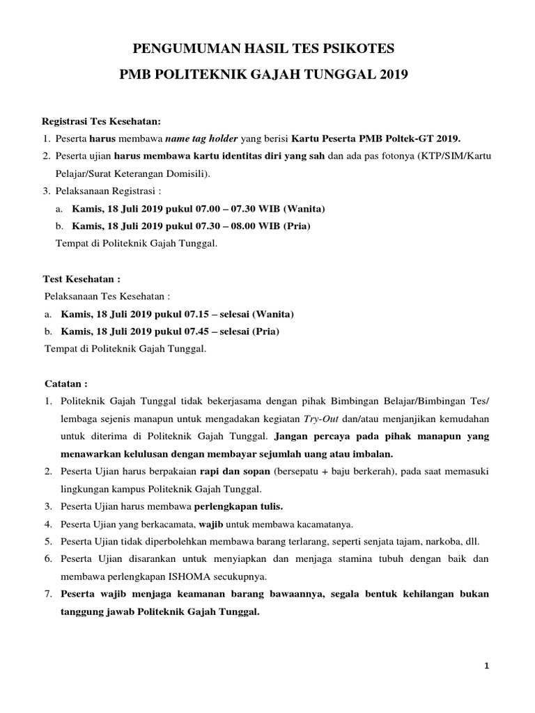 Tes Politeknik Gajah Tunggal