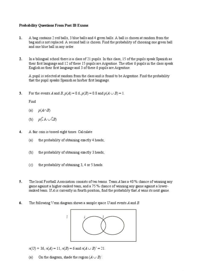 Probability Questions From Past IB Exams: P (A B) P (A | Download Free ...