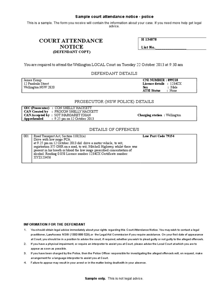 Sample Court Attendance Notice Police PDF Arrest Police