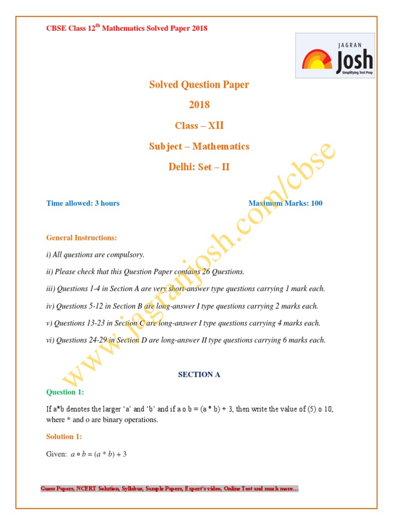 Cbse Class 12 Mathematics Solved Paper Set 2 PDF | PDF | Ordinary ...