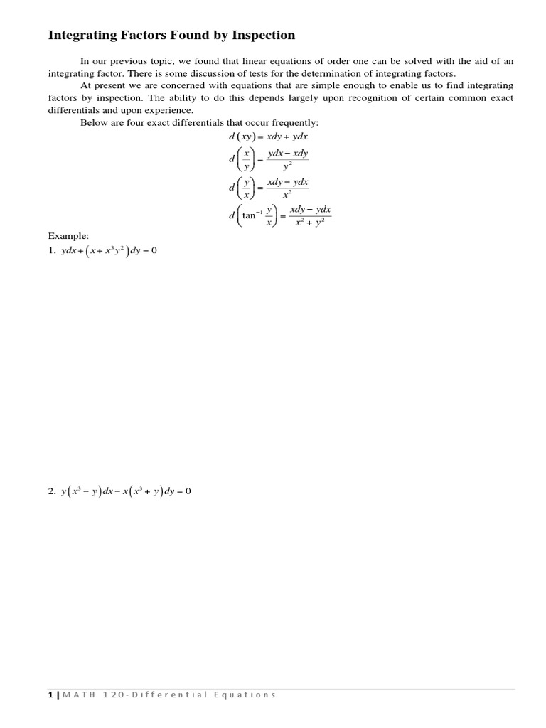 Integrating Factors by Inspection | PDF | Algebra | Applied Mathematics