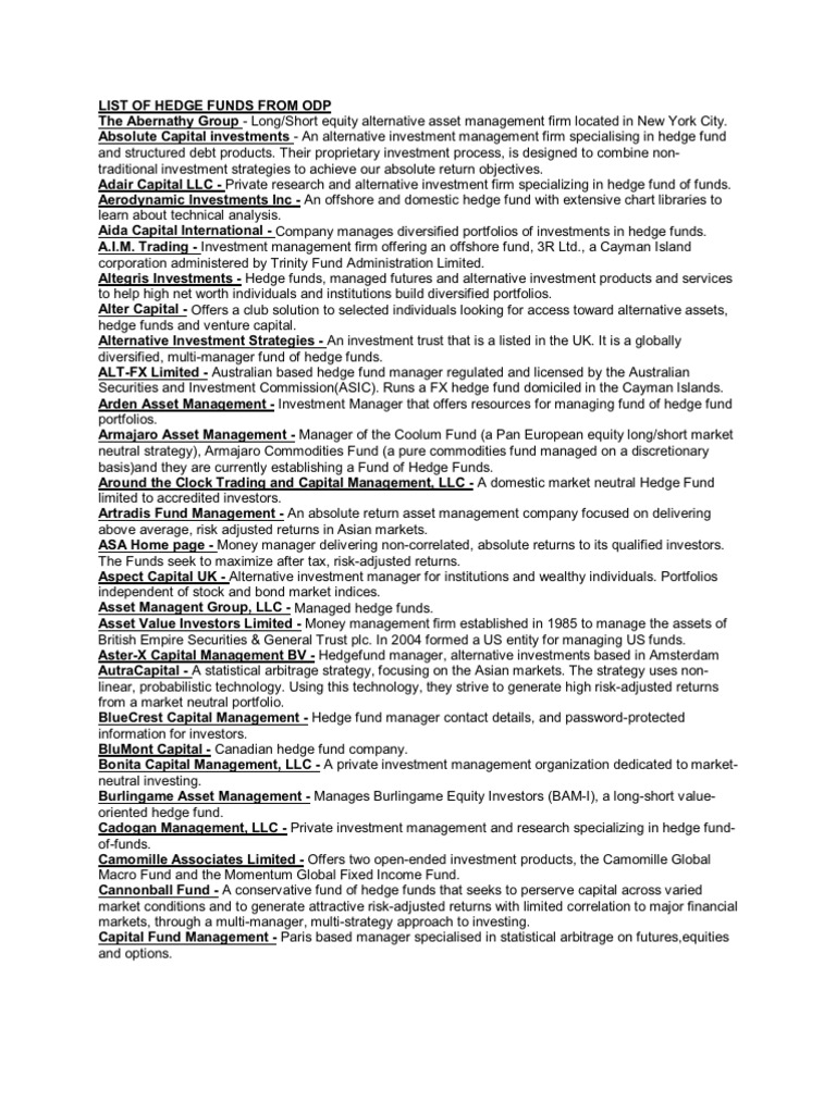 Hedge Fund Listings and Directories | PDF | Hedge Fund | Investment Fund