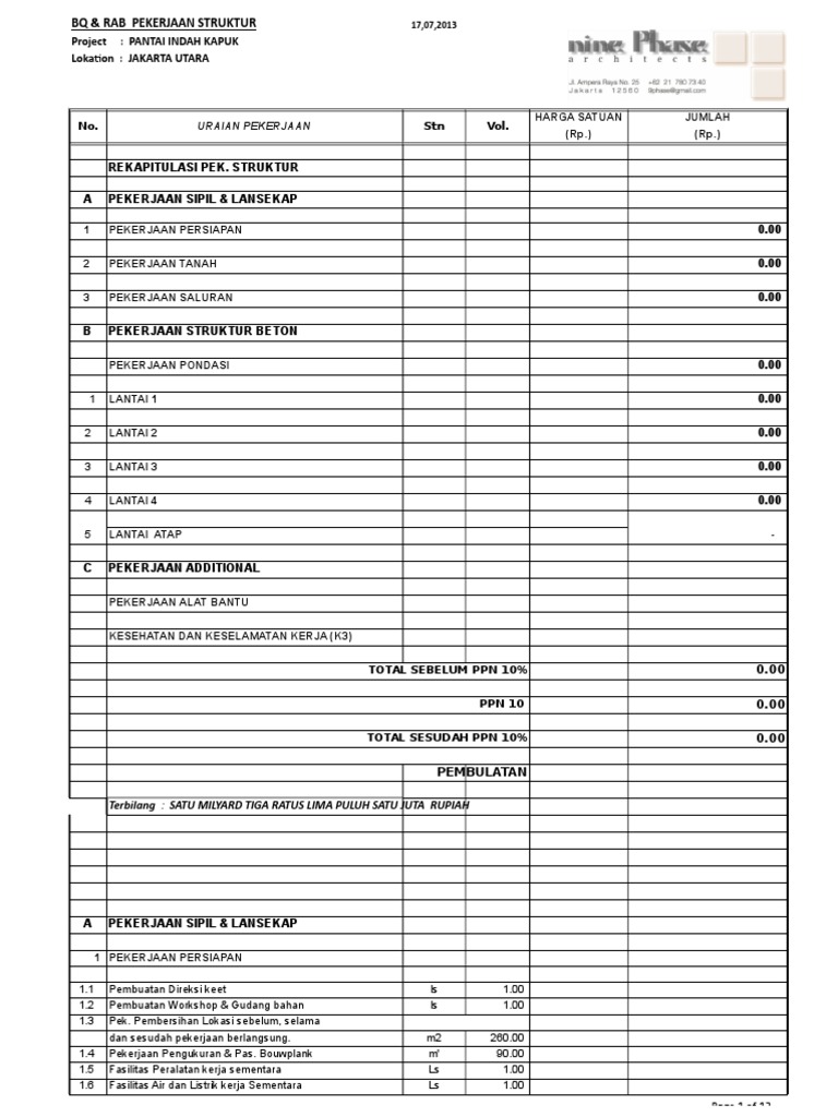 Contoh BQ dan RAB Proyek Struktur | PDF