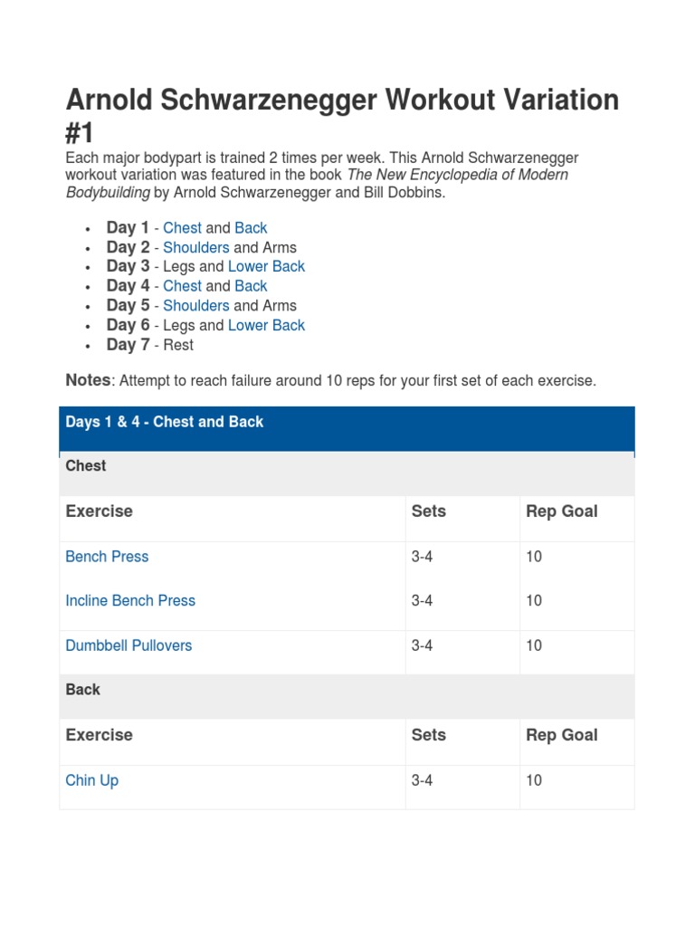 Arnold Schwarzenegger Workout Split Guide | PDF | Individual Sports ...