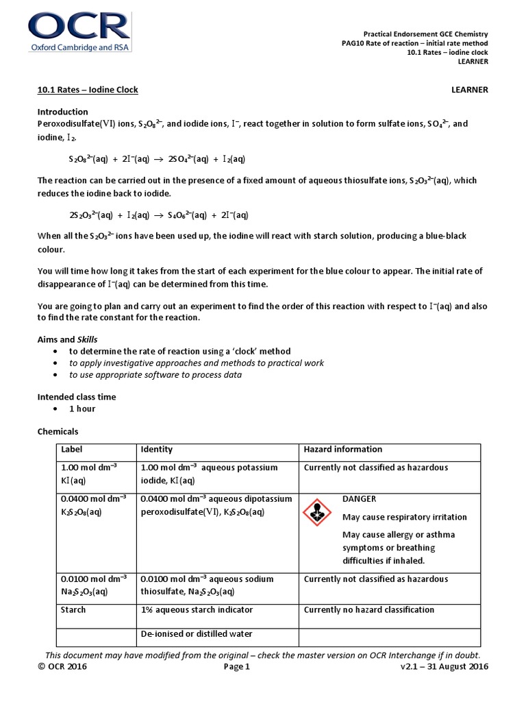 PAG 10.1 OCR Chemistry A PDF Reaction Rate Physical Sciences