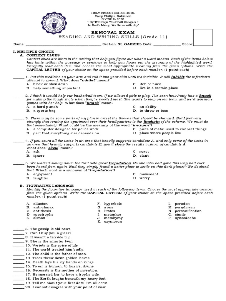 Removal Exam Grade 11 Docx Test Assessment
