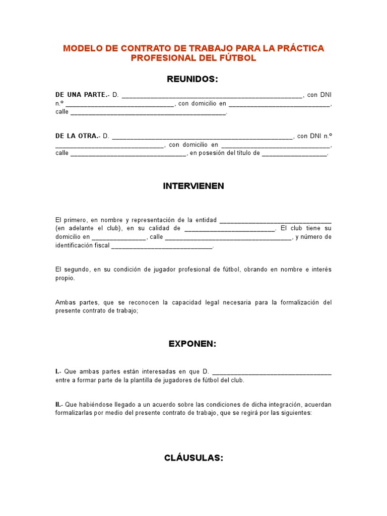 Contrato De Trabajo Para La Práctica Profesional Del Fútbol1 Doc Pdf Asociación De Futbol