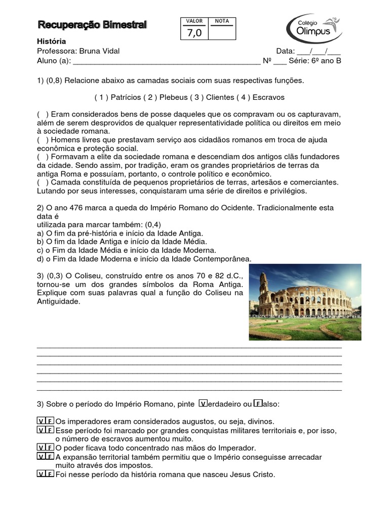 Recuperação de História 6 Ano 4bim PDF Império Romano História antiga