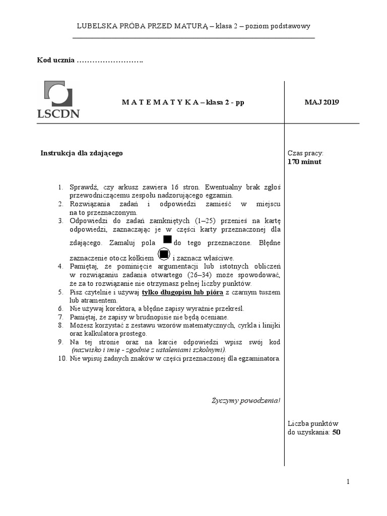 Lubelska Matura Próbna Z Matematyki 2015