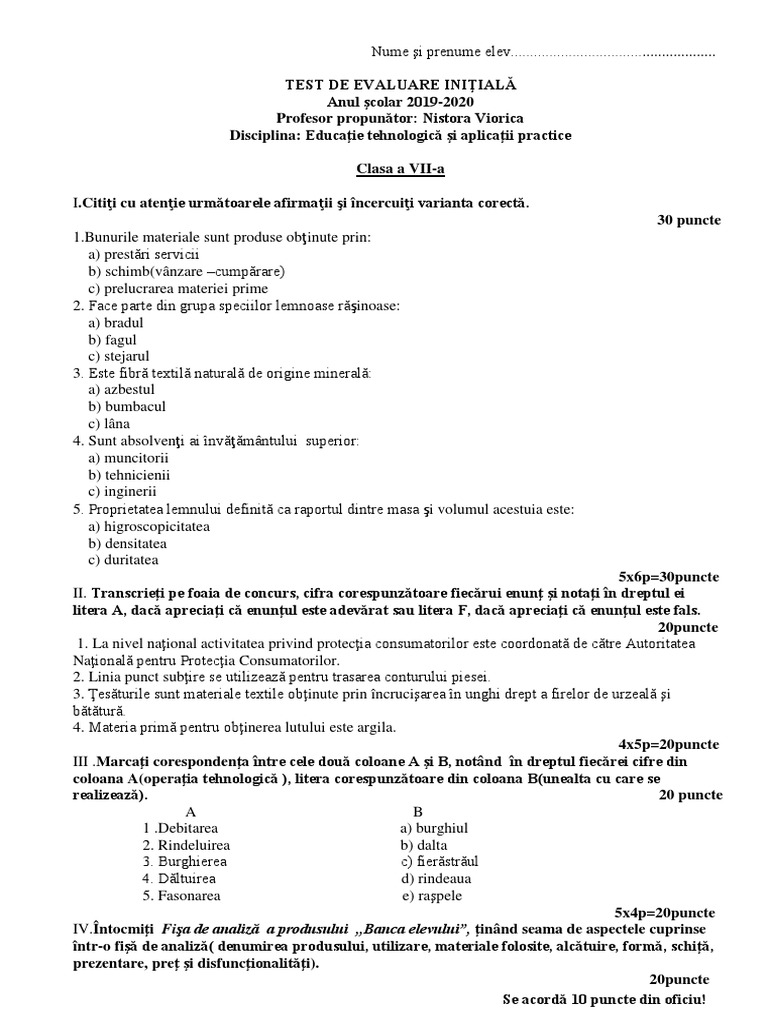 Test Evaluare Initiala Cl. 7 | PDF