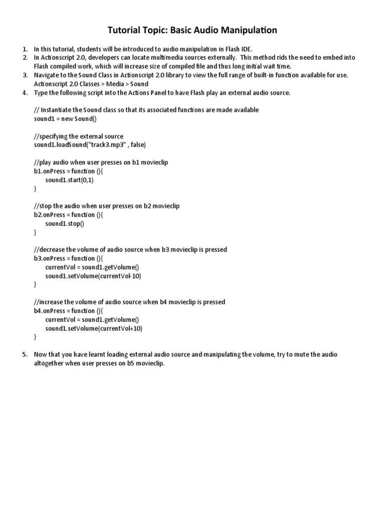 Tutorial Topic Basic Audio Manipulation PDF Adobe Flash Action Script