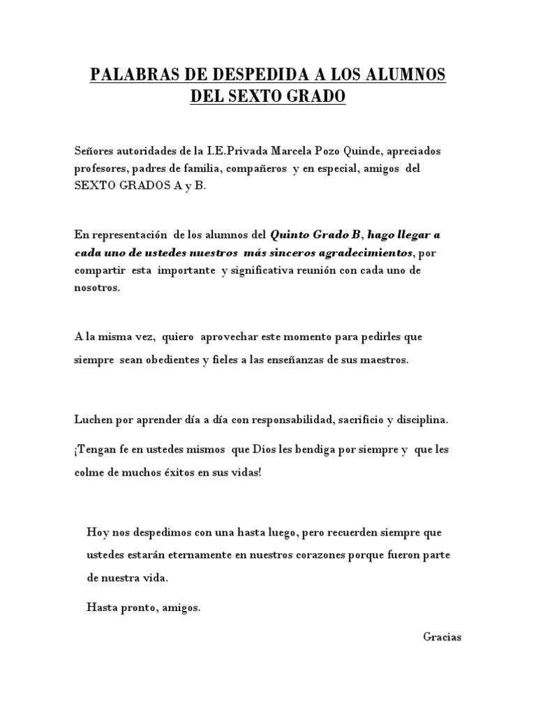 Palabras de Despedida A Los Alumnos Del Sexto Grado | PDF