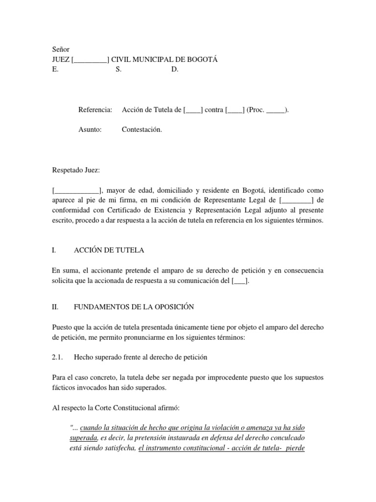 Modelo Contestación Tutela Por Hecho Superado | Derecho Constitucional ...