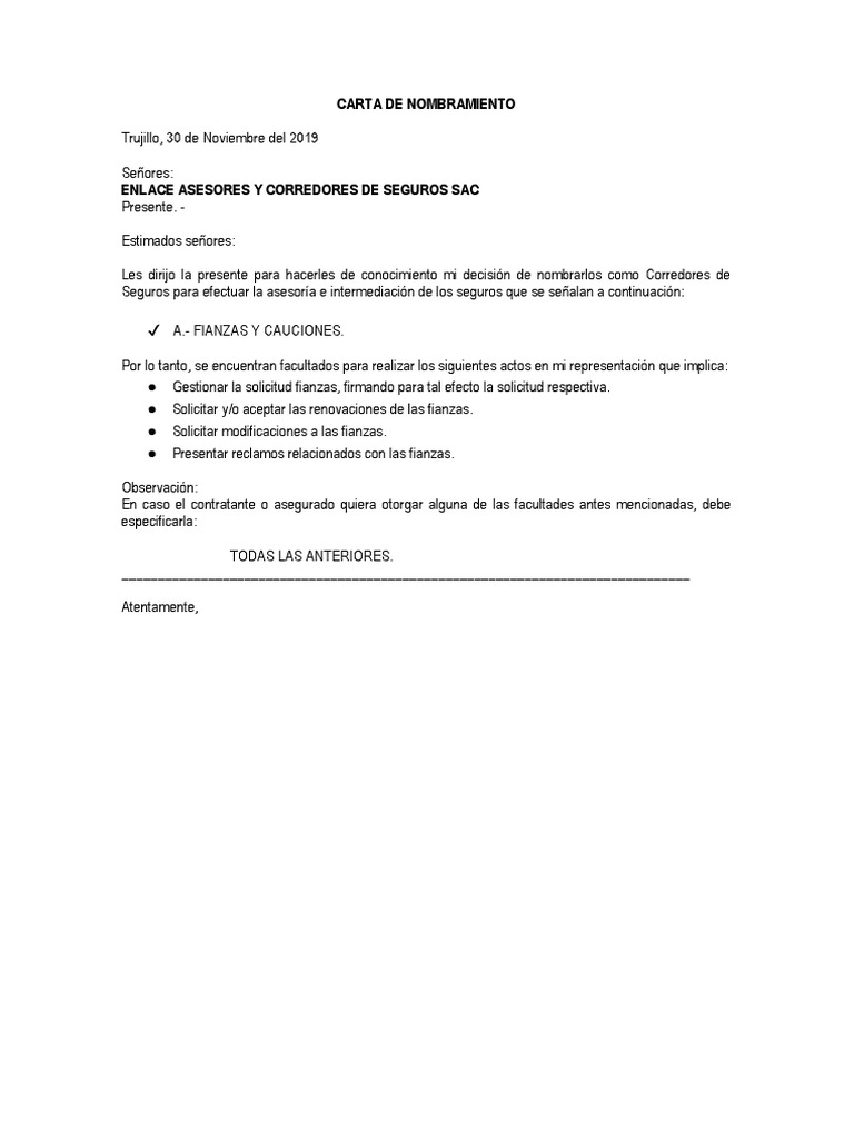 Modelo Carta Nombramiento Sbs 2019 Pdf Poliza De Seguros Gobierno