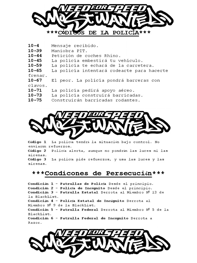 Codigos de Policia Need For Speed Most Wanted PDF
