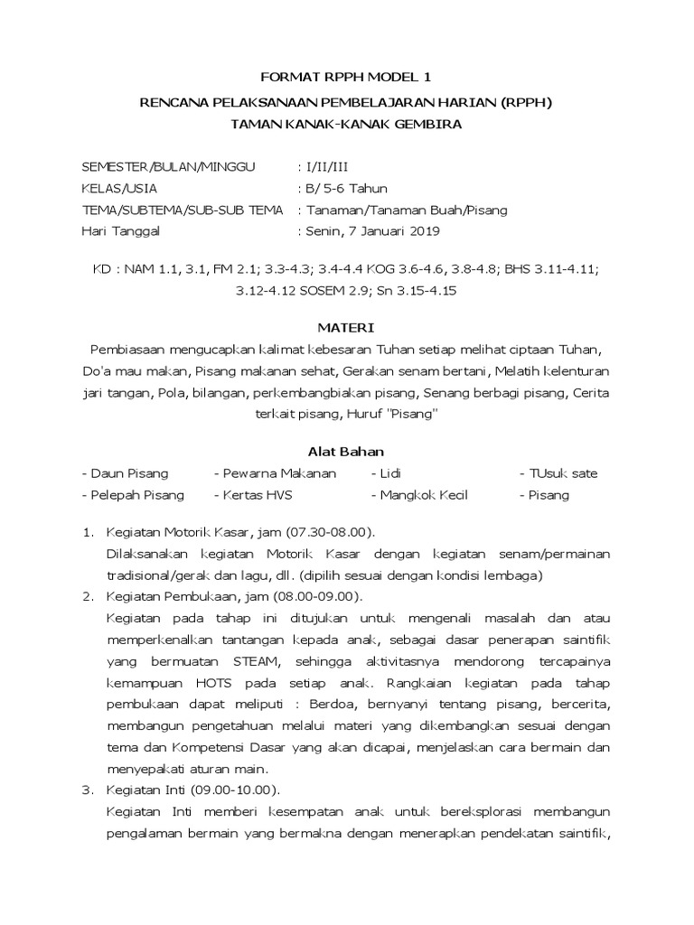RPPH PAUD Tema Tanaman dan Pisang | PDF