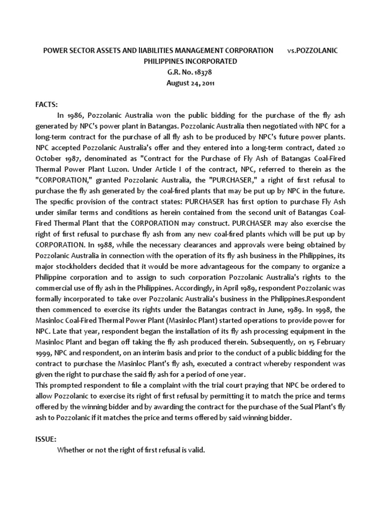 POWER SECTOR ASSETS AND lIABILITIES MANAGEMENT CORPORATION V POZZOLANIC