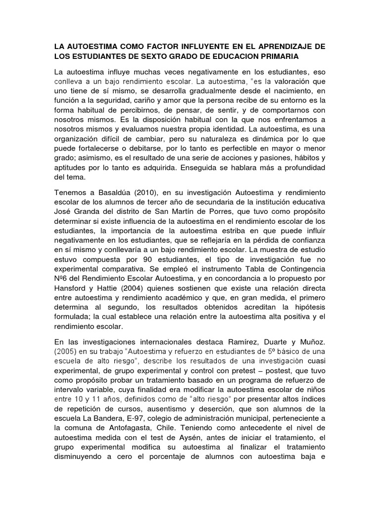 La Autoestima Como Factor Influyente en El Aprendizaje de Los ...