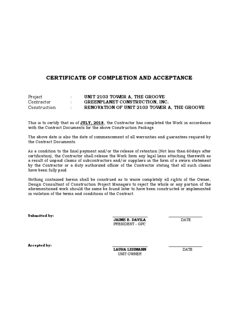 certificate of completion and acceptance | pdf