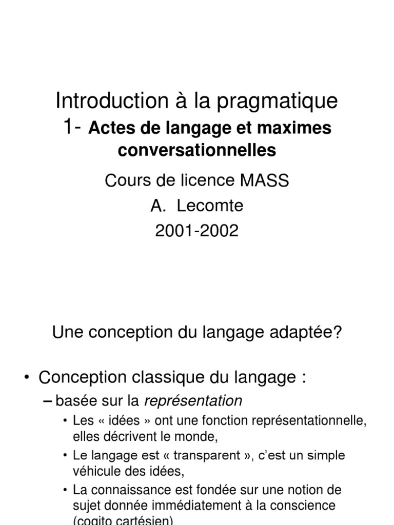 Cours de Pragmatique (Intro) PDF Philosophie contemporaine