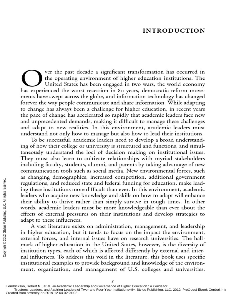 Academic Leadership and Governance of Higher Educa... - (INTRODUCTION ...