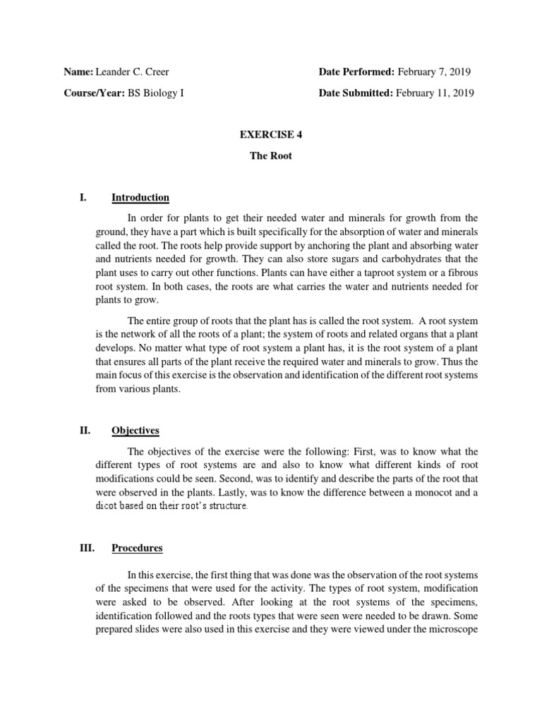 Botany 4th Lab Report | PDF | Root | Tissue (Biology)