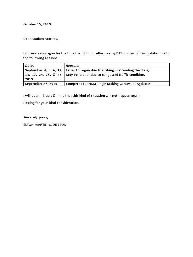 Apology for Incomplete DTR Entries | PDF