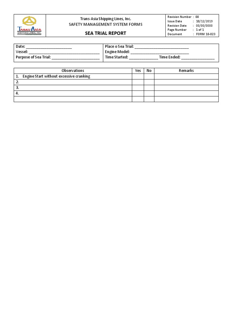 Sea Trial Report Form - MARINA Format  PDF For Trial Report Template