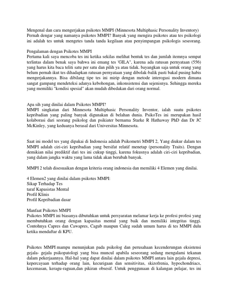 Mengenal Dan Cara Mengerjakan Psikotes Mmpi