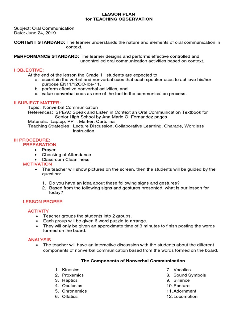 Week 1 Lesson Plan: Nonverbal Communication | PDF | Nonverbal ...