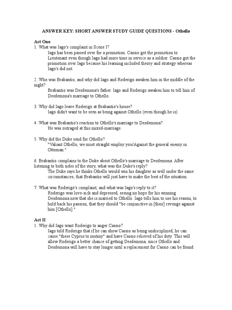 Othello Study Guide Answer Key PDF Iago Othello