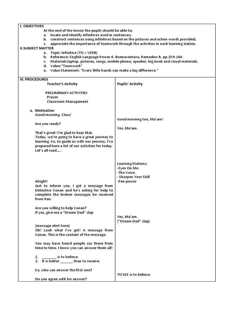 Infinitives Lesson Plan for English VI | PDF | Preposition And ...