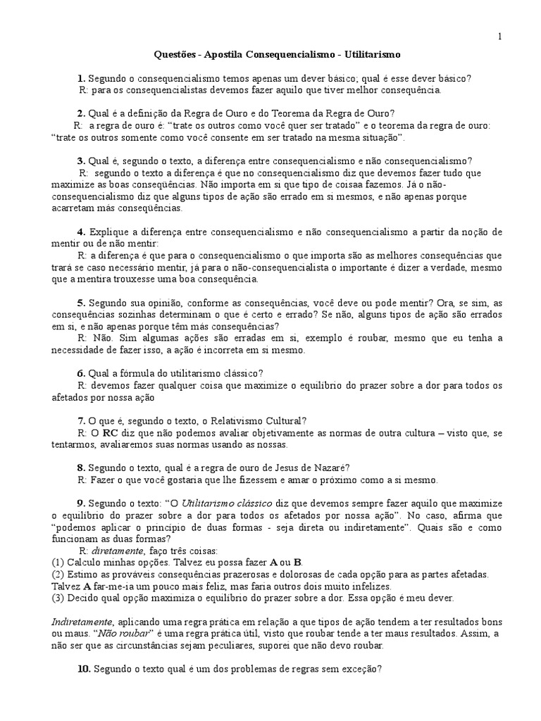 Questões - Texto Sobre Utilitarismo | PDF | Utilitarismo | Hedonismo